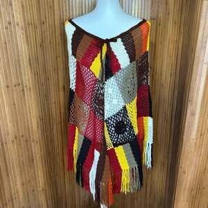 Vintage 70s Crochet Patchwork Fringe Poncho Skirt Drawstring One Size